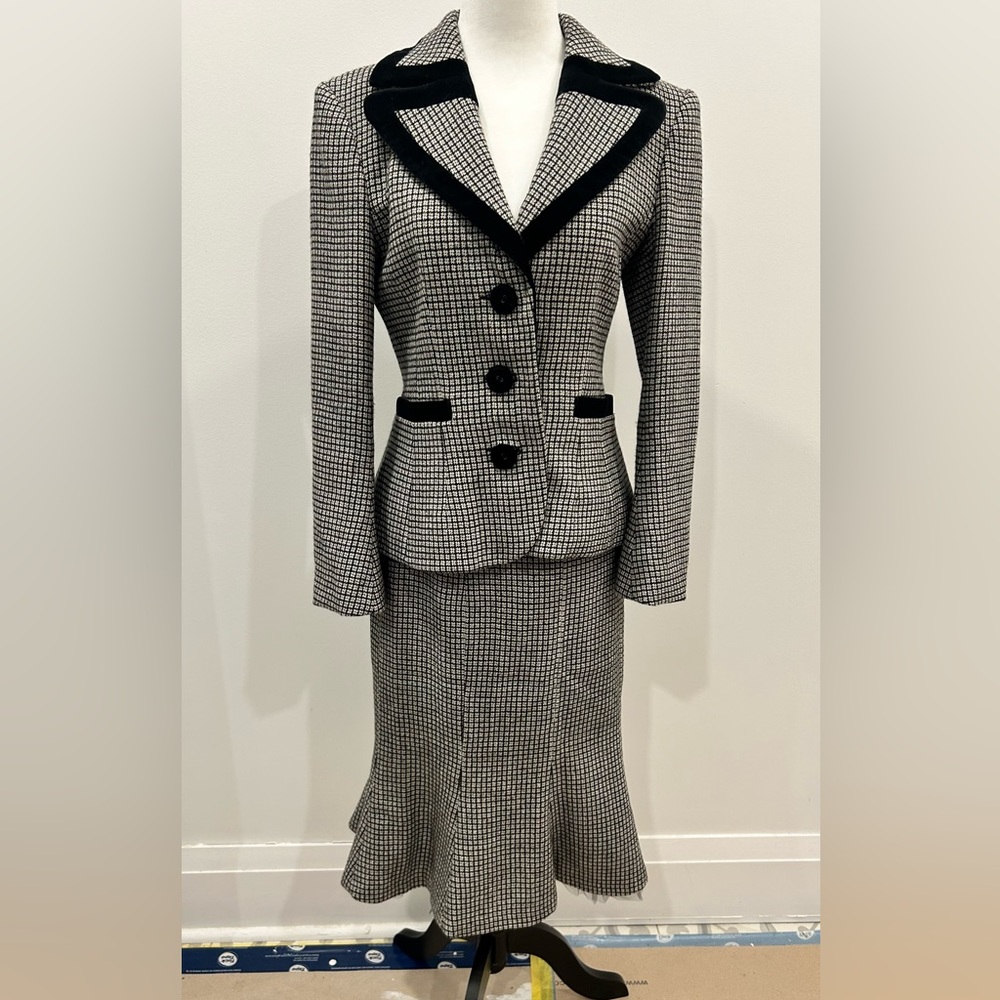 Pink Tartan wool suit with velvet trim jacket